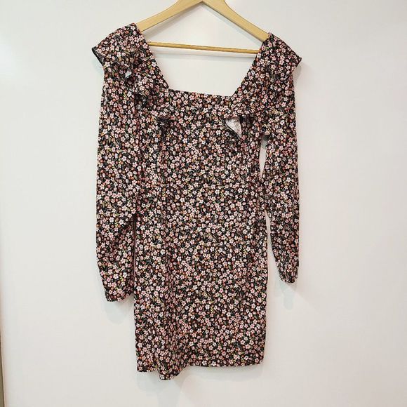 ASOS Design Long Sleeve Ruffle Floral Mini Dress Sz 8 - Picture 1 of 6